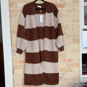 New Sage Brown and Cream Striped Long Cardigan